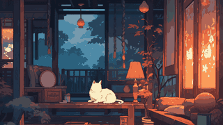 A lamp-lit veranda at dusk, a white cat on the table, trees beyond the rail.