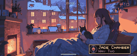 The room on a phone: the hearth burning, the snowy village through the window, the cat in a lap, and the now playing card naming a track.