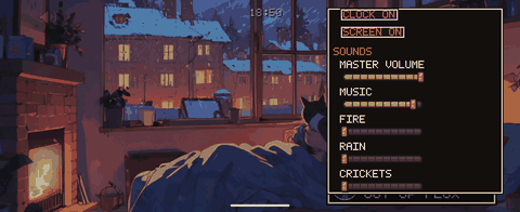 The settings sheet over the room: dim, clock and screen switches, and faders for volume, music and fire.